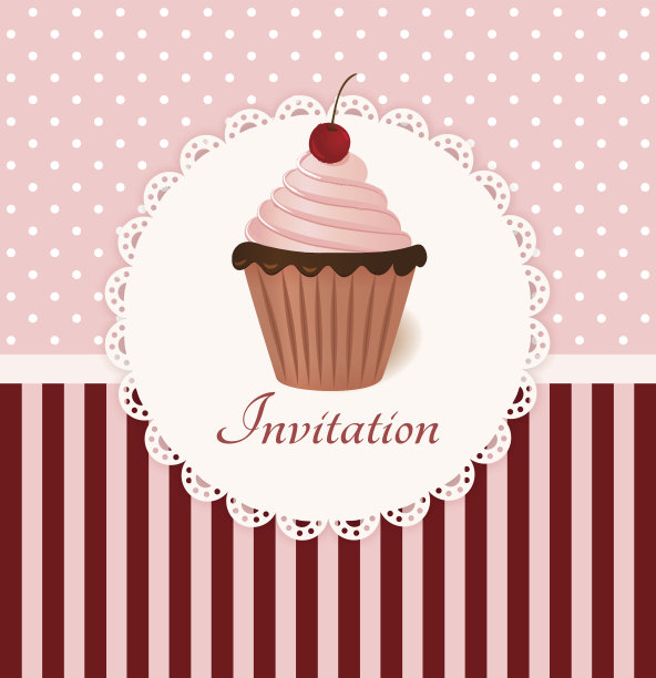 樱桃奶油蛋糕的复古请帖。图片下载