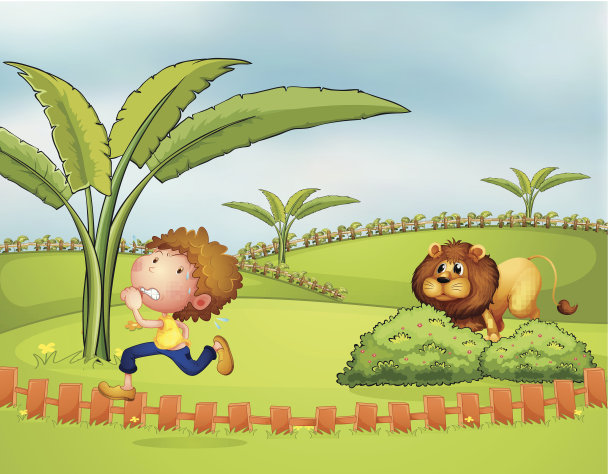 男孩跑着，后面跟着狮子图片下载