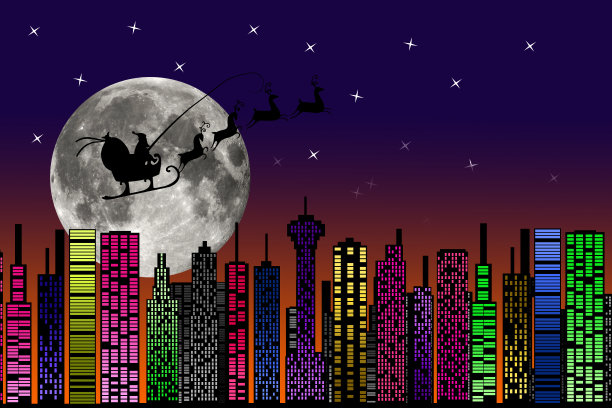 晚上的城市。圣诞老人在天空。圣诞节结婚图片下载
