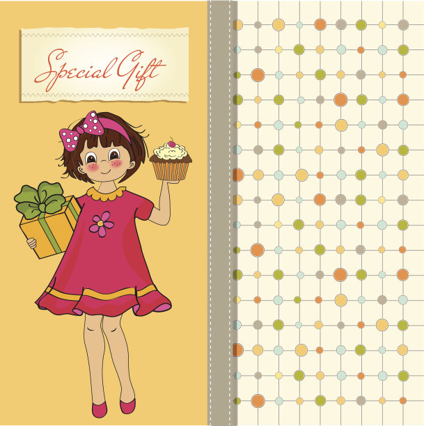 有女孩和大蛋糕的生日贺卡图片下载