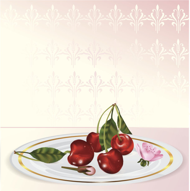 有茎和叶的红樱桃/樱花和花蕾图片下载