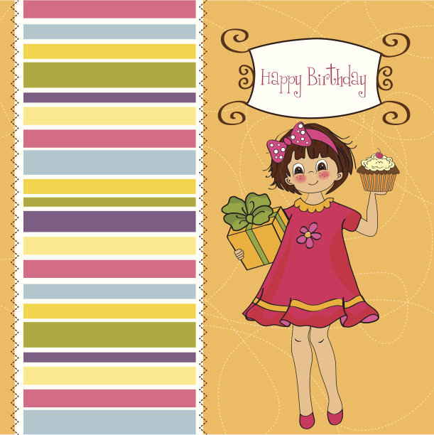 有女孩和大蛋糕的生日贺卡图片下载