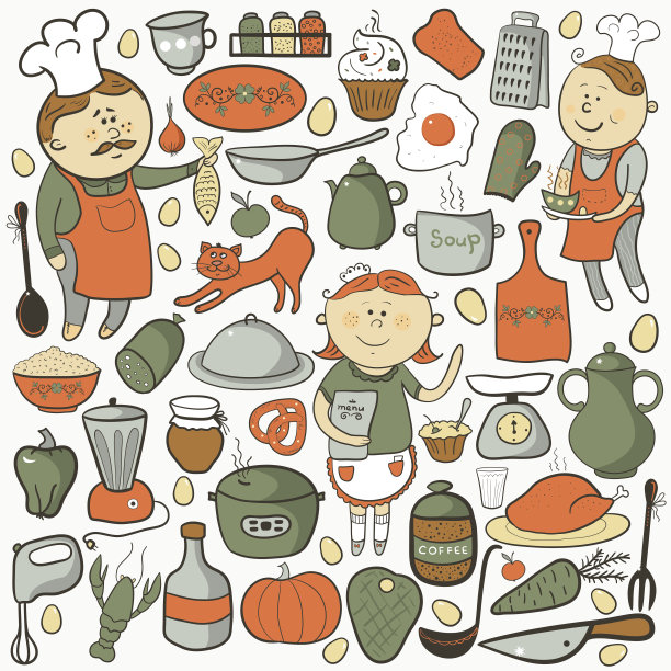 厨房矢量集，卡通色彩元素图片下载