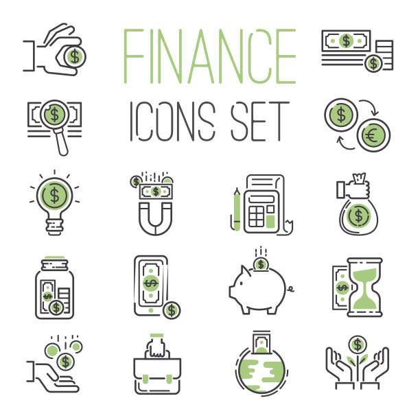 金融理财业务大纲黑色财富会计图储蓄和现金投资银行金融绿色银行图标设置矢量插图素材图片