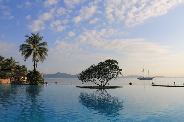 美丽的游泳池溶入大海图片下载