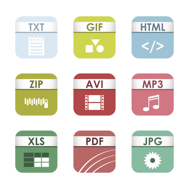 简单的方形文件类型格式标签图标设置表示文档符号和音频扩展图形多媒体符号矢量插图图片下载
