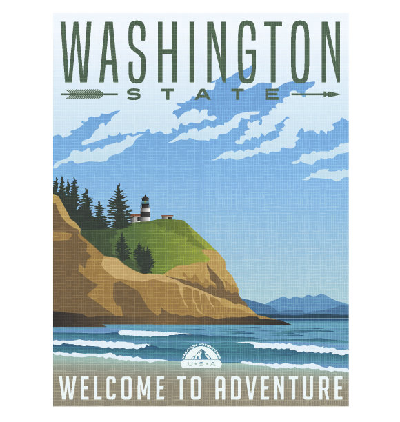 华盛顿州旅游海报。崎岖的海岸线和灯塔的矢量插图素材图片