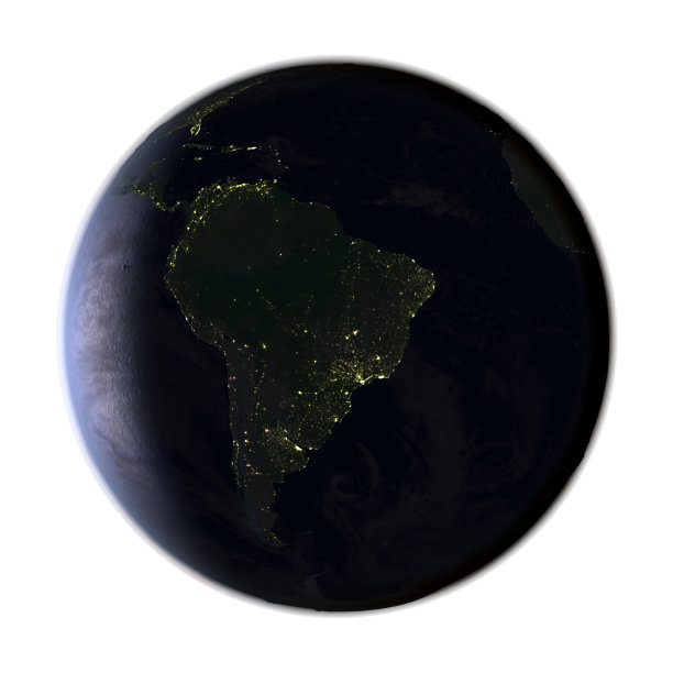 在南美洲的地球上，晚上被隔离在白色图片下载