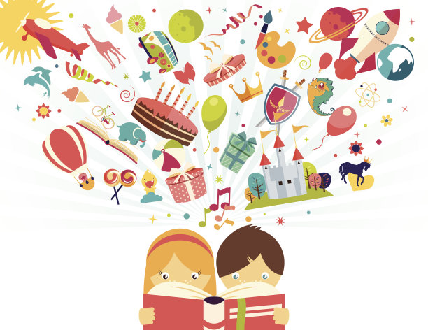 想象概念，男孩和女孩用读书的物体素材图片