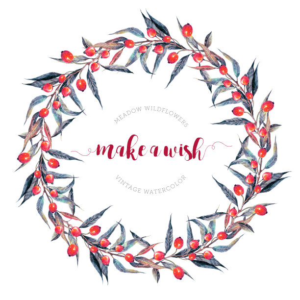 复古水彩花环的浆果和树叶。图片下载