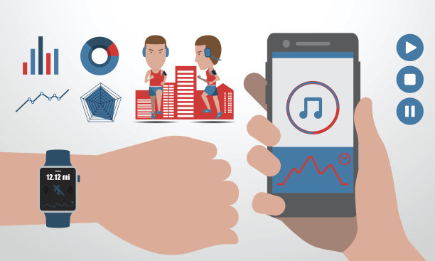 可穿戴智能手表和智能手机与运行人物设计矢量插图图片下载