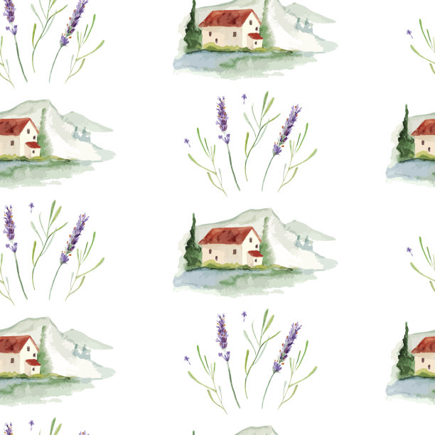 矢量水彩普罗旺斯小屋和薰衣草无缝图案。图片下载