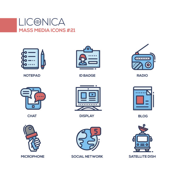 大众传媒彩色的现代单线图标集素材图片