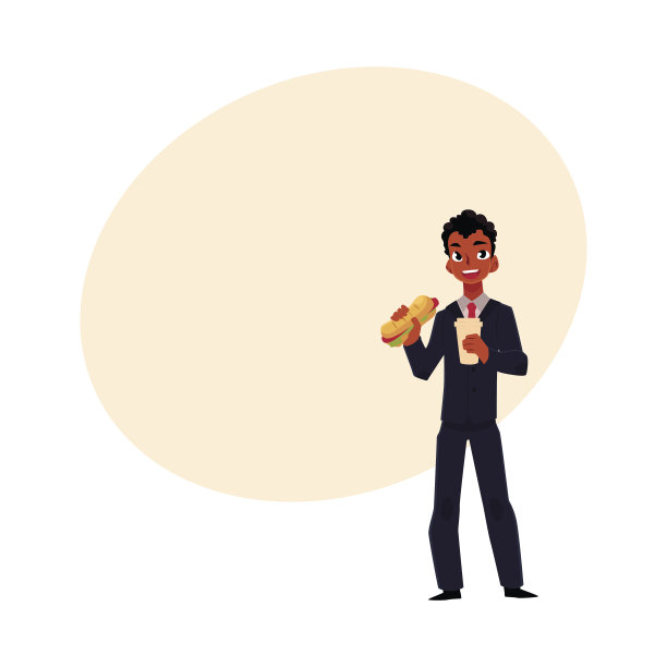 非洲黑人商人吃三明治，拿着咖啡杯，午餐休息图片下载