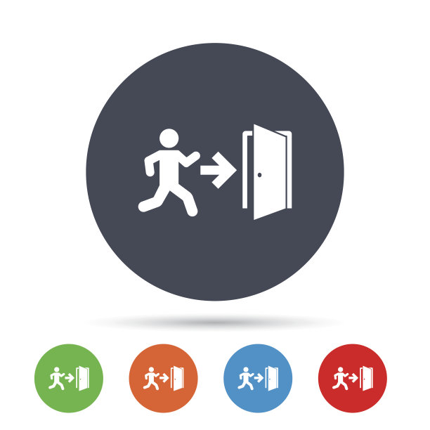 紧急出口标志图标。带右箭头的门。图片下载