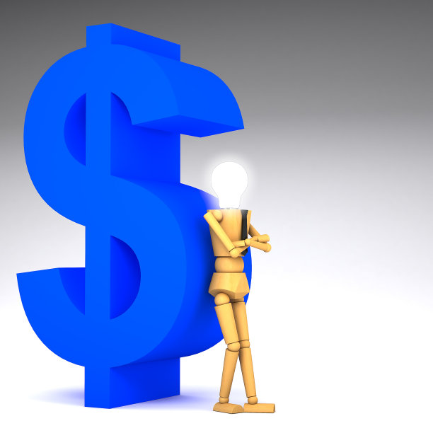 木制的娃娃与美元符号3d插图图片下载