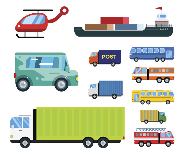 运输交付载体孤立白色运输轿车客车货车消防车直升机船舶剪影图标油轮业务物流运输集图片下载