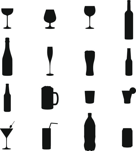 一套16饮料黑色轮廓矢量插图图片下载
