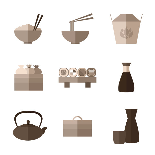 一套简单的扁平亚洲食品和设备图标与长sh图片下载