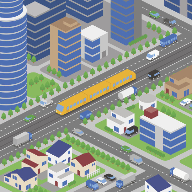 轻轨系统及各种车辆，有轨电车，鸟瞰图，矢量图图片下载