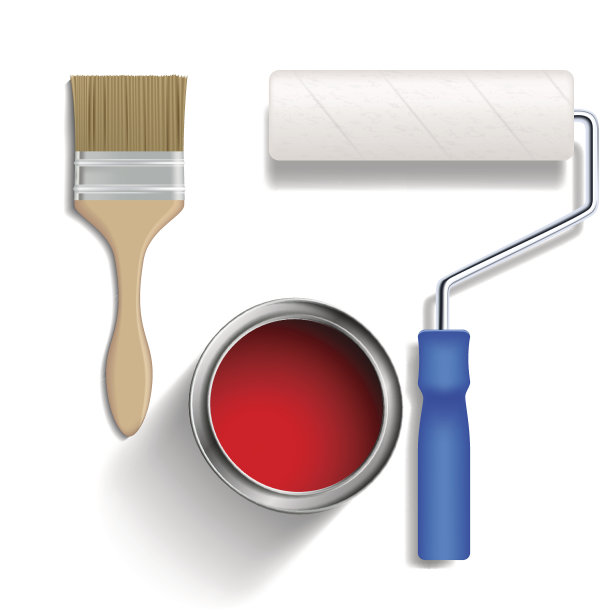 油漆滚筒，刷子和一桶油漆。图片下载