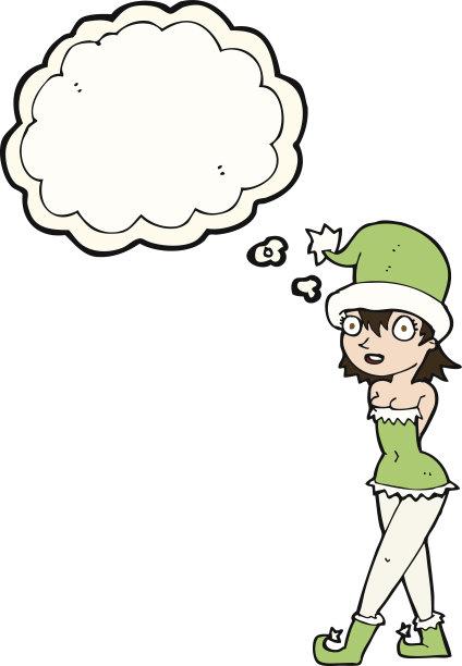 卡通女人在圣诞精灵服装与思想泡泡图片下载