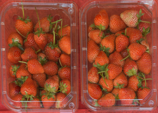 塑料包装的新鲜草莓在市场上展示图片下载
