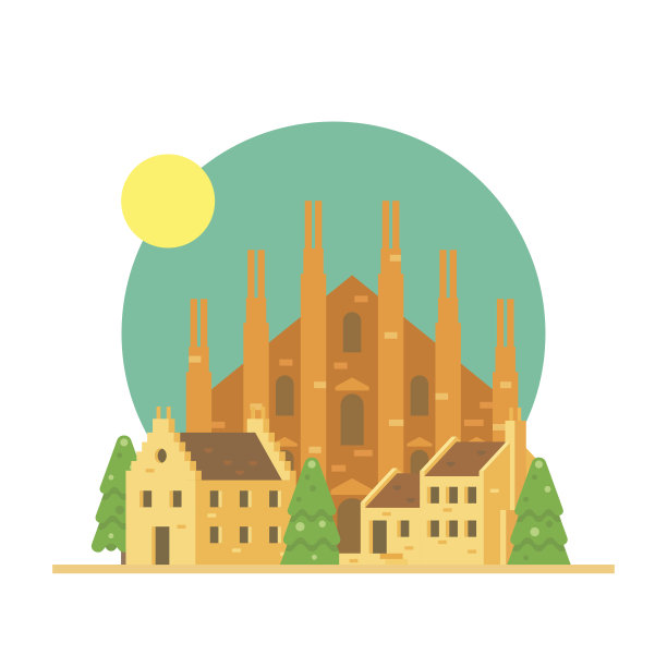 平面设计的意大利米兰大教堂与村庄图片下载