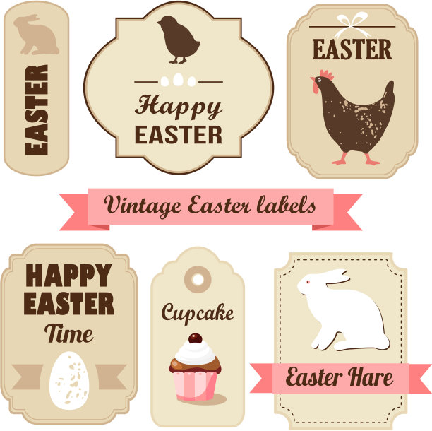 可爱的复古复活节标签，鸡蛋，鸡，兔子图片下载