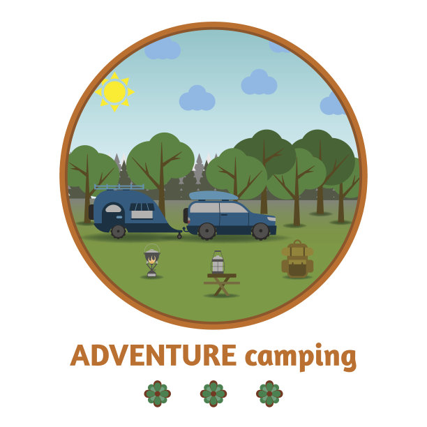 露营森林背景，用物品和汽车，平面设计。图片下载