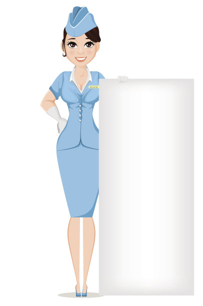 穿着职业制服的空姐。可爱的微笑女人作为空中小姐站在大标志附近。民用飞机的机组人员。快乐的卡通人物。矢量插图。图片下载