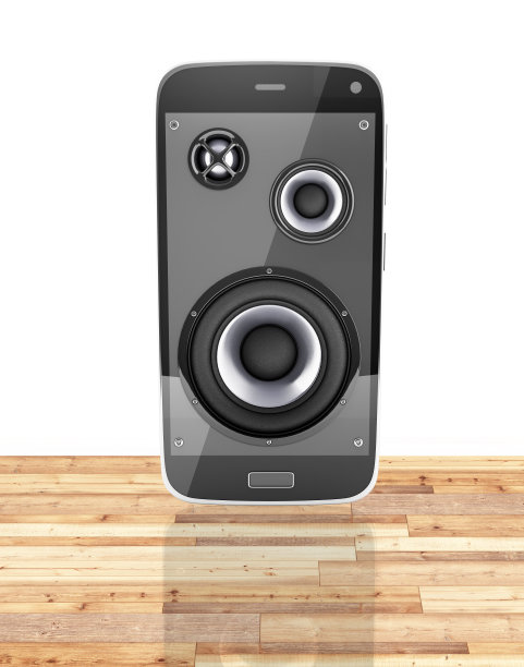 音乐智能手机手机音乐应用手机和扬声器笔记木地板和白色背景反射3d图片下载