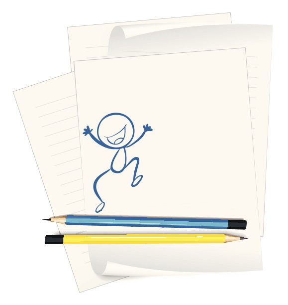 纸上画着快乐男孩跳跃的素描图片下载