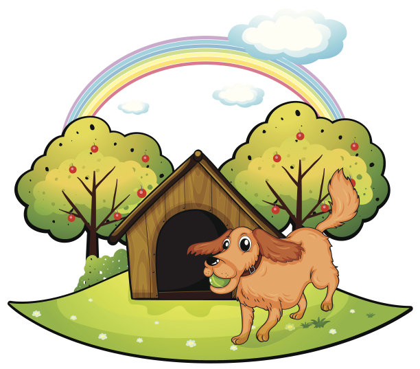 狗在苹果树旁的狗屋外面玩耍图片下载