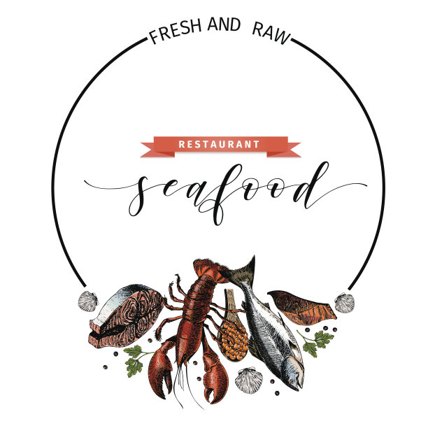 矢量手绘海鲜横幅。彩色的龙虾，鲑鱼，螃蟹，虾，章鱼，鱿鱼，蛤。图片下载