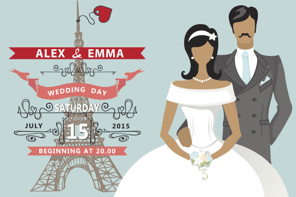 复古的婚礼的邀请。平坦的新娘,新郎,埃菲尔铁塔图片下载