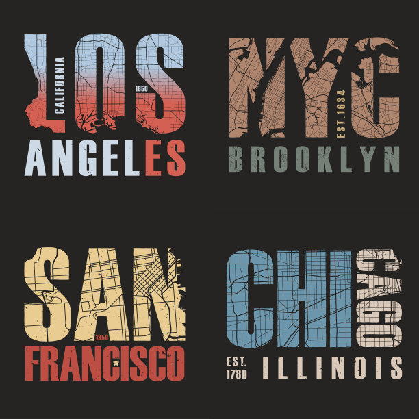 一套美国城市t恤设计。矢量插图。图片下载