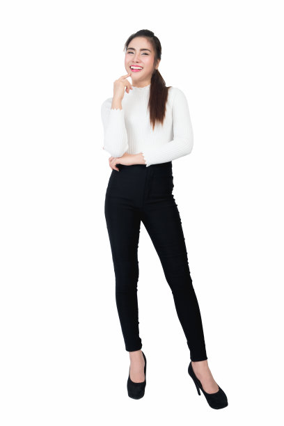微笑的年轻商业女性肖像长袖和长裤在白色的背景图片下载