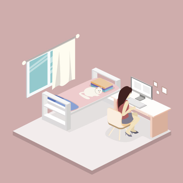 等距风格的现代卧室设计。图片下载