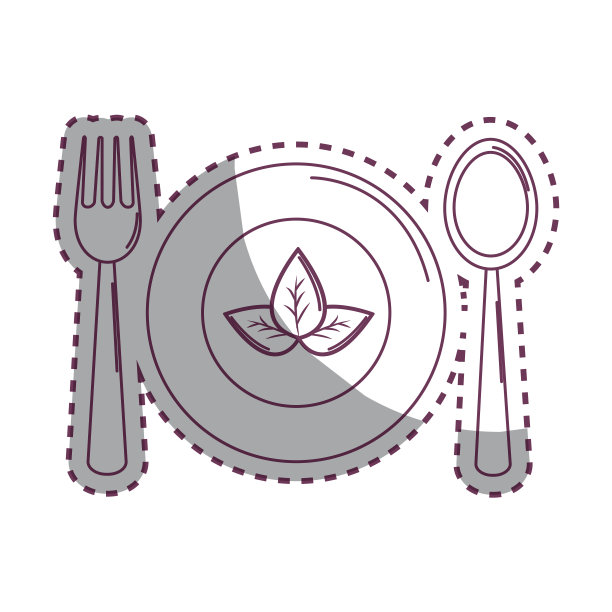 带有叶子的贴纸勺、叉和盘子图片下载