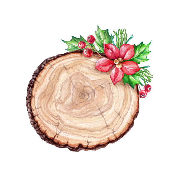 水彩插画，花束，花卉背景，木质纹理，乡村横幅，圆木片，花，叶，野生园林自然，孤立在白色背景上图片下载