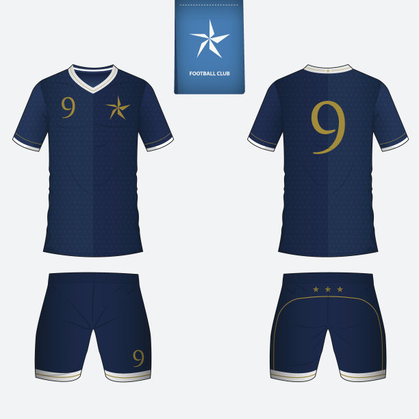 足球俱乐部的足球套装或足球运动衫模板。蓝色标签上的平足球。前后视图足球制服。足球衫模型。图片下载