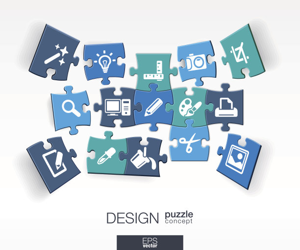 抽象的设计背景与连接的颜色谜题，集成的平面图标图片下载