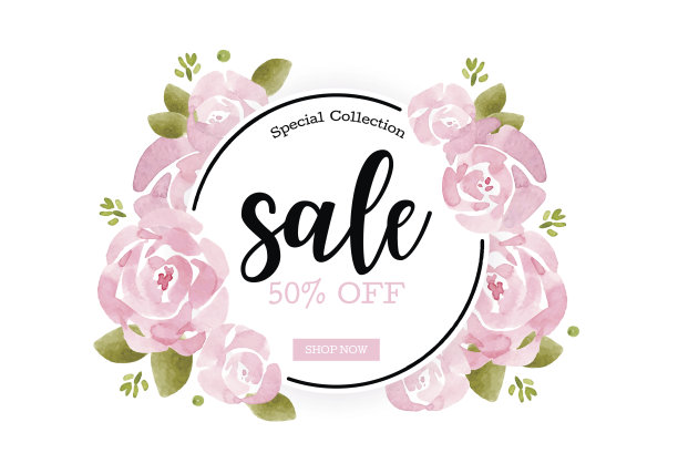 水彩销售横幅背景模板与美丽的鲜花。元素邀请卡装饰。矢量艺术和插图。图片下载