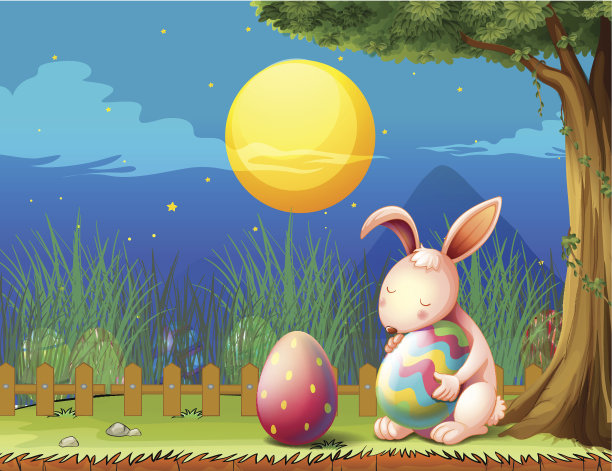 小兔子在篱笆里，拿着两个复活节彩蛋图片下载