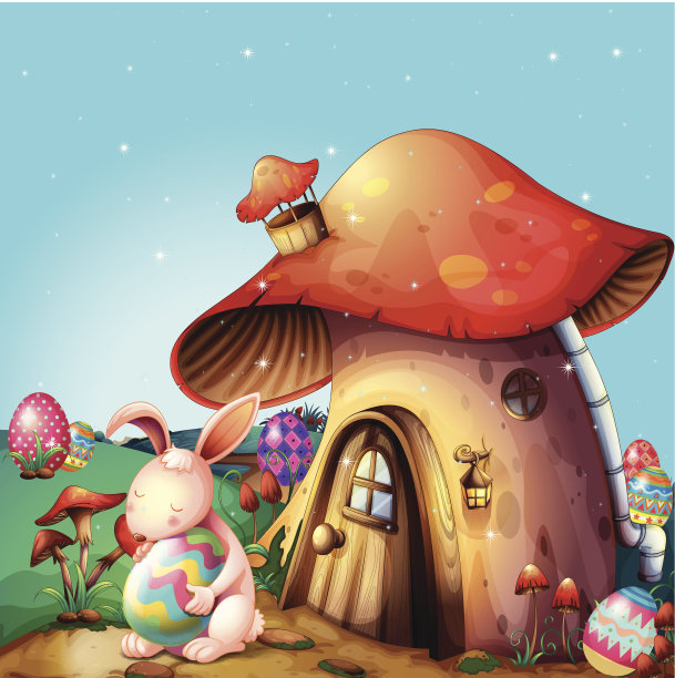 复活节彩蛋藏在蘑菇设计的房子附近图片下载