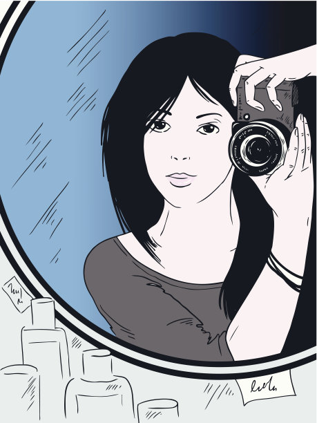 黑头发的女孩在镜子里拿着自己的相机照片图片下载