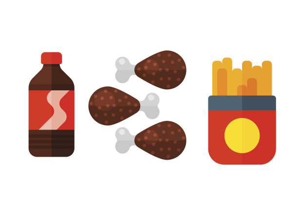 彩色的法国火卡通快餐图标孤立的餐厅美味的美国鸡腿肉和不健康的汉堡餐矢量插图图片下载