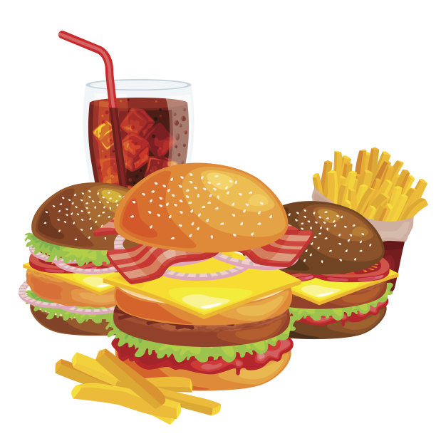 一套美味的汉堡、烤牛肉和新鲜蔬菜配酱面包为小吃，美式汉堡快餐餐薯条配冷苏打水棕色冰饮矢量插图背景图片下载