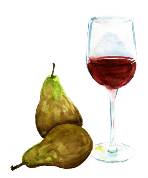 一杯红酒和两个梨子在白色的背景图片下载